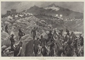 Die Unruhen auf Kreta, christliche Aufständische verteidigen sich gegen einen Angriff der türkischen Truppen in den Bergen bei Canea